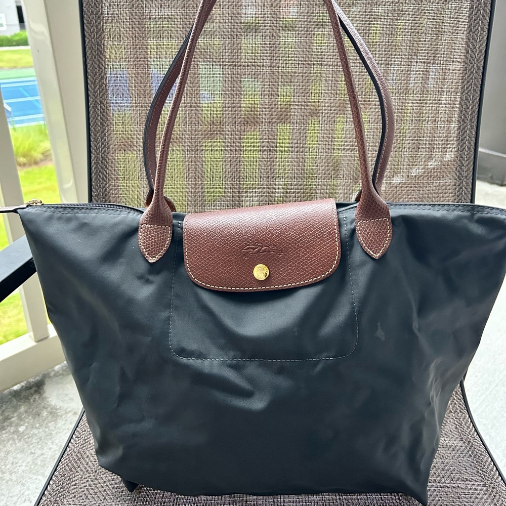 Longchamp Le Pliage Original Black and Brown Medium Size Nylon Tote Handbag.